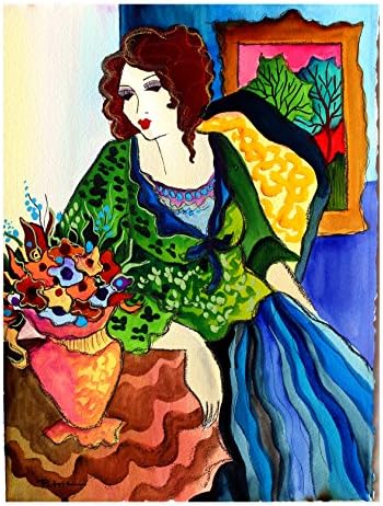Patricia Govezensky-zeleni dan | originalni akvarel 11 x 14 in. figurativni stil tarkay maimon turuc Lautrec