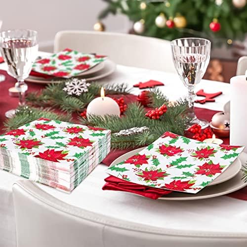 Anydesign 100 pakovanje božićne salvete crvene poinsettia bobice ispisane za jednokratnu upotrebu