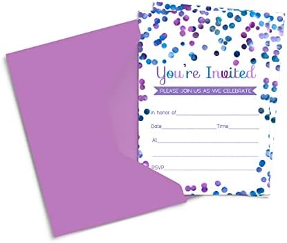 Ljubičaste pozivnice za konfete sa kovertama pozivnice za djevojčice rođendan, Baby Shower, tinejdžere, djecu, maturu, bilo koju zabavu-apstraktna tema akvarelne tačke - Personalizirajte prazne kartice 4x6 Set