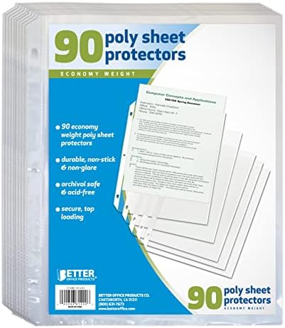 90 count Sheet Protectors, 100 Percent Poly Sheet Protectors by Better Office Products, 8.5 x 11, top Loading