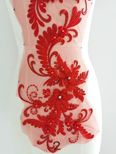 Crvena aplikacija, bodice Applique Crvena trim perle, Burgundija 3D čipkasti cvijet, čipka tkanina Crveni til za haljinu bk
