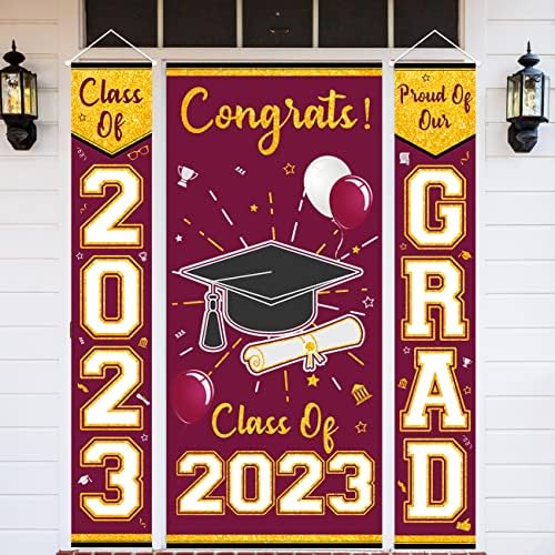 3pcs 2023 Komplet za diplomski baner, maruon i zlato Dekoracije za diplomiranje klase od 2023