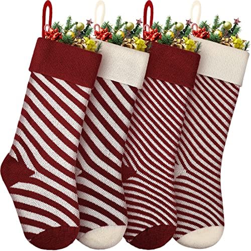 4 pakovanje božićne čarape 18 inča pletene božićne čarape Velike božićne pruge čarape crvene