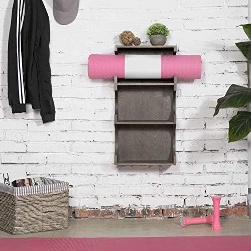 MyGift zidni Vintage sivo drvo 3-slojni pjenasti valjak, viseći stalak za prostirku za jogu sa