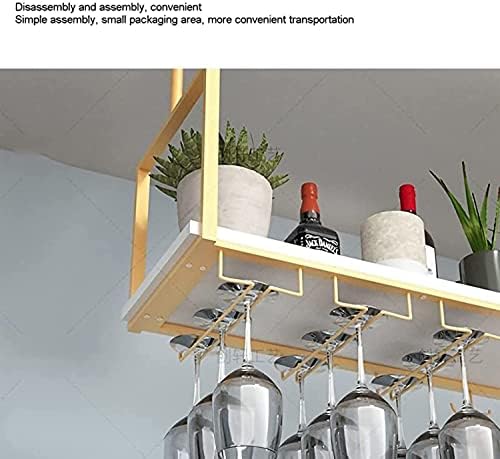 EMISOO viseća plafonska polica plutajuće police za restoran Kitchen Bar, viseći stalci za odlaganje, plafonski stalci za staklo za vino, gvozdeni stalak za vino od punog drveta, sa ogradom, crna / zlatna / bijela