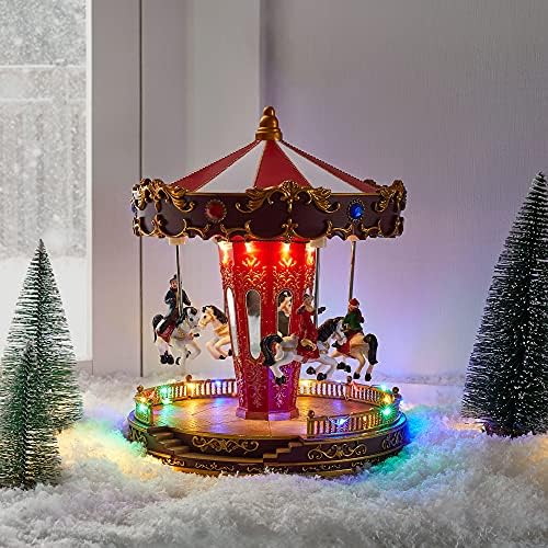 Lights4fun, Inc. Božić Village Carousel unaprijed osvijetljeni raznobojni LED na baterije svijetli ukras za odmor
