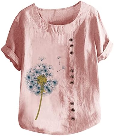 Ženske prevelike vrhove pamučne posteljine kratkih rukava cvjetni print tunik TEES LATE CREWNECK Ljetne