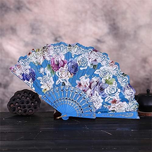 IcoDod vintage kineski stil preklop ventilator ružičastih ventilatora svilena vjenčana zabava preklopna ručna ventilator za obnavljanje ventilatora cvjetajuce retro ukrasno nebo plavo
