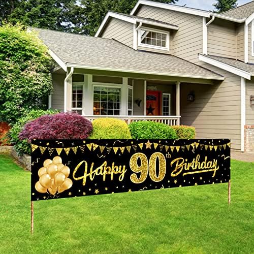 Yoaokiy Happy 90. Rođendan za rođendan za žene Muškarci, Crno zlato 90 Rođendan dvorište Baner Pribor