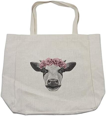 Ambesonne torba za kupovinu domaćih životinja, skicirani portret krave s ružama vijenac, ekološka