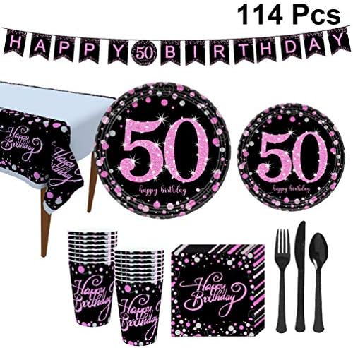 Amosfun 50th Birthday Party ukras Kit Hretan Birthday Banner i Set posuđa uključujući papirne tanjire šolje Knifes salvete stolnjak za rođendanske potrepštine favorizira 114kom u 1 setu