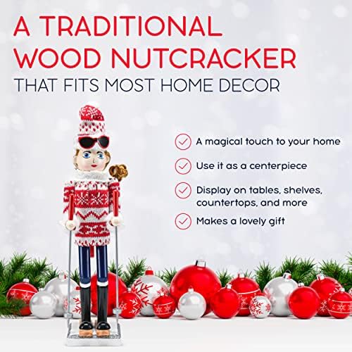 Ornativity Božić žena skijaš Nutcracker-crvena i bijela drvena Orašar žena sa ružnim džemper i Ski palicama