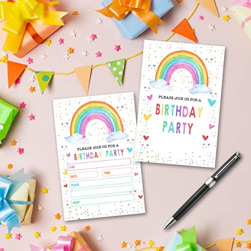 Rainbow Rođendanski pozivnici - popunite pozivnice prazne rođendane, za mlade djevojke dječačke zabave,