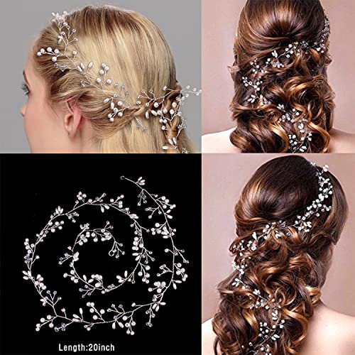 EneQutum Bride Wedding Rhinestone Hair loza, Crystal Flower Bridal Headband, Long Pearl Bridal Hair