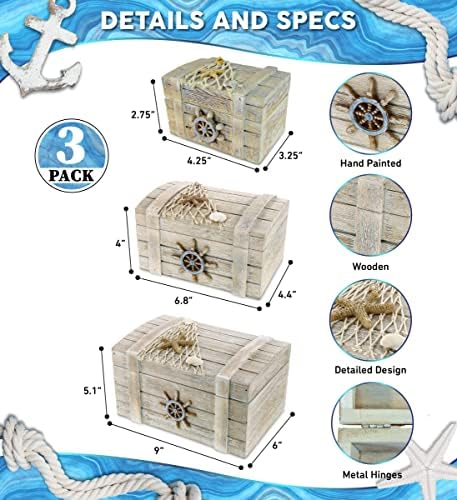 Cota Global Vintage Drvena kutija za nakit - Ručno izrađena nautička sitnica sa ukrasima zvijezde, accent stoltop Početna Dekor, Organizatori za pohranu na plaži - 3 kom set