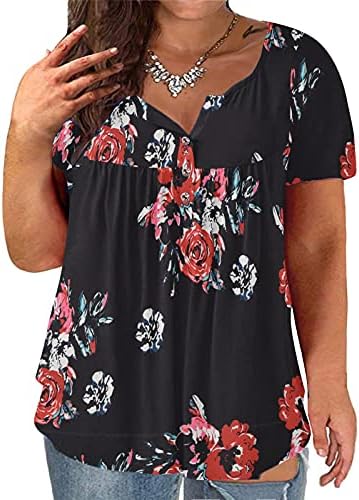 Plus Size ljetne tunike za žene modni Ruched cvjetni Print majica V izrez kratke rukave bluze sa dugmetom