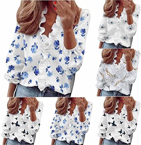 Grafičke majice za žene dugih rukava - Žene Casual Ruffles V Vrhovi izreza Labave majice Bluza Print Thirts