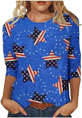 Ženska patriotska majica casual 3/4 rukava okrugli vrat pulover na vrhu 4. jula zvijezde Stripes grafički