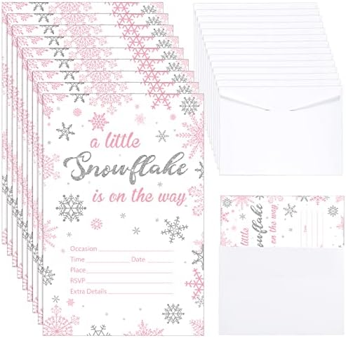 25 seta Snowflake Baby tuš pozivnici sa kovertama Mala pahuljica je na putu za zabavne ukrase srebrne ružičaste pozivnice za djevojku Božića zimska spol Otkrivanje potrepštine za zabavu, 4 x 6 inča