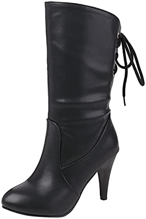 Kolee High Boots za žene široko tele, nema dame jesen i zimska modna zgodna retro pune boje leđa čipka u obliku kruga na petu napeta, a ne u udobne čizme za žene