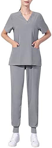 LikTone ženske solidne kostima za žene V V izrez kratki rukav gornji majica sa džepom Slim Long Pant Set Outfit