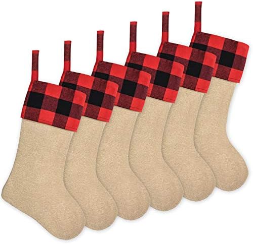 Senneny 6 Pack Burlap Božićne čarape - 18 inča Velike božićne čarape sa bivolom Provjerite manžetnu