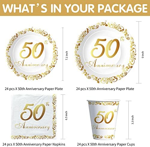 Apowbles Golden 50. godišnjice venčanja i šalice za zabavu - 50. godišnjica ukrasi za večeru, ploča, čaša,