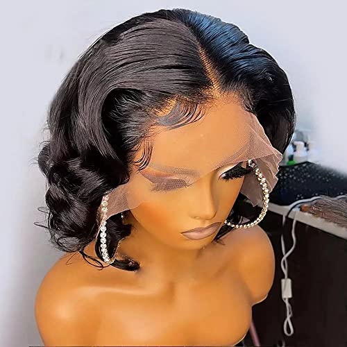 13x6 duboki dio Wave Bob Wig HD prozirna čipka prednja perika za ljudsku kosu s dječjom kosom kratka valovita kosa za crne žene prethodno iščupana brazilska Remy kosa prirodna boja Izbijeljeni čvorovi 150% gustoća