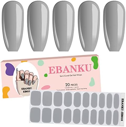 20 naljepnica Polusušene gel trake za nokte, EBANKU Grey Glossy pravi gel oblozi za nokte za žene