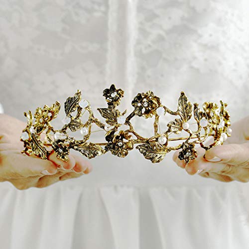 Ibliss barokna vjenčana kruna Zlatni cvijet biseri nevjesta Tiaras Queen Crystal Svadbeni Dodaci za kosu