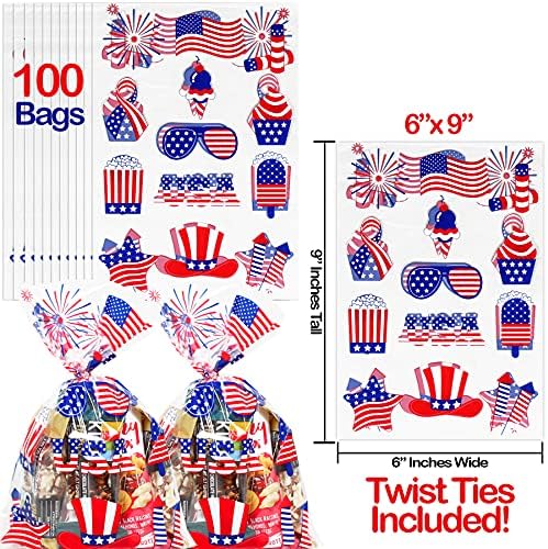 Celofanske torbe 4. jula / 100 kom torbe za SAD poslastice | torbe za užinu od 2,5 Mil sa patriotskim dizajnom