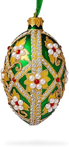 Jewels on Green Glass Egg Božić Ornament 4 inča