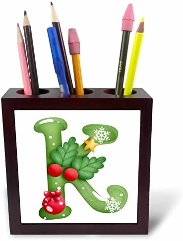 3drose slatka Božićna ukrašena zelena mjehurića Monogram početni držači olovke K - Tile