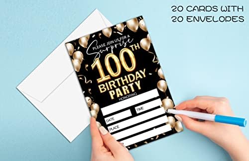 Keydaat 100. rođendan poziv - crni i zlatni rođendan Pozovite - Rođendan Pozovite ideje za odrasla ženu i muškarca - 20 pozivnica za popunjavanje sa 20 koverta -Th019