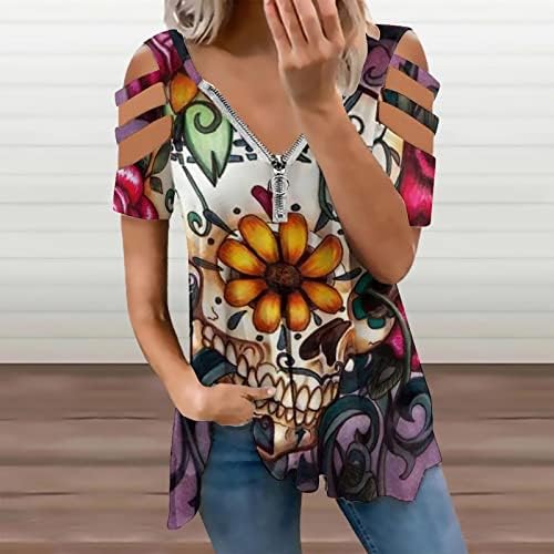 Šećerna lobanja ženske hladne košulje za ramena kratki rukav Print T-Shirt Casual V vrat Zip bluze