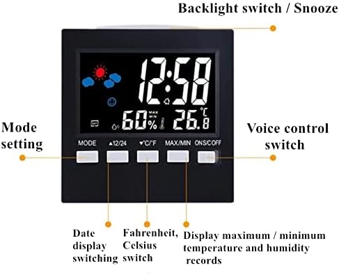 YEBDD COLOR LCD Digital Budil Sat Temperatura Vlaka Glasovna kontrola Odgoda Vrijeme Noćno svjetlo