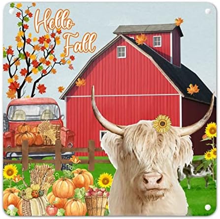 Hello Fall potpitni krava sa suncokretom Metalni znak Maple Truck Pumpkin TIN potpisao jesen Dobrodošli