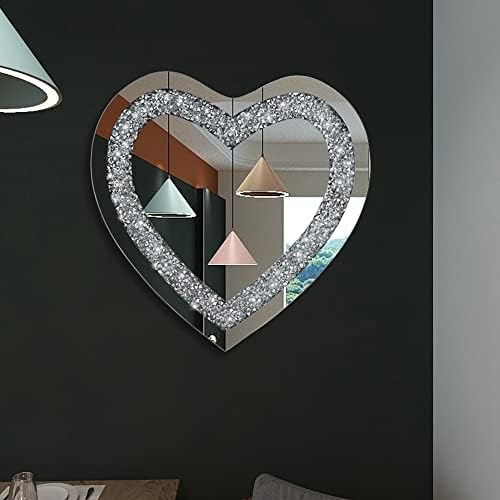 Aeveco Crystal Crush dijamantsko srebrno ogledalo u obliku srca za zidnu dekoraciju, dimenzija 20x20x1 inch, zidno ogledalo bez okvira, pjenušavi akrilni dijamantski dekor