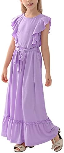 GORLYA Girl's Ruffle Trim a-Line Casual Party duga Maxi haljina sa pojasom sa džepovima za djecu od 4-12T
