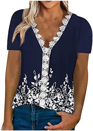 Ženska čipka Crochet V Vrhovi vrata, žene 2023 Ljetni cvjetni print Tunic Tunts kratki rukav casual bluze