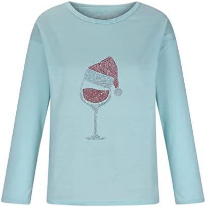 Ženske duge rukave majice Božić sjajna bižuterija tunika vrhovi vino staklo grafički Tee Božić