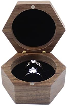 DSHOM rustikalni drveni angažman kutija za vjenčani prsten, šesterokutni oblik crni orah s masivnom drvenom Kvadratnom