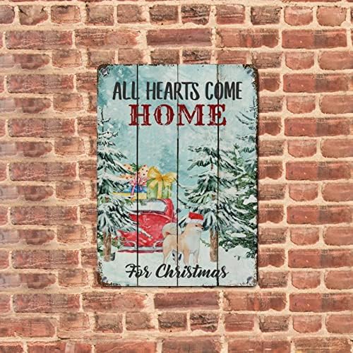 Sretan božićni metalni znak Sva srca dolaze kući Crveni kamion pas Vintage aluminijumski znak Božićni viseći dekor za kućni kuhinjski zidni poklon za odmor 7 x 10 inča