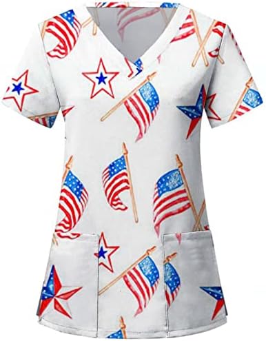 4. jula majice za žene američka zastava ljetne kratke rukave V-izrez majice sa 2 džepa bluze praznična Ležerna