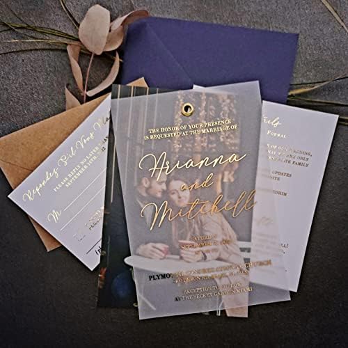 XOXOKRISTEN VELLUM Pozivni suite, zlatna folija RSVP, detaljna kartica Pozovite sa fotografijom, prilagođenim setom za fotografije na ružičastog zlata, elegantan set vjenčanja
