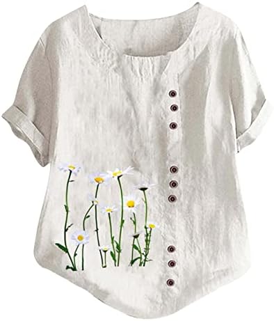 2023 Ljetne žene pamučne posteljine majice na vrhu casual labavi montiran trendy cvijeće tunika