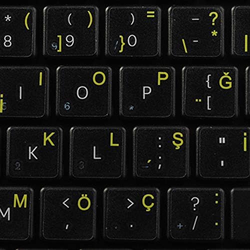 Turske oznake tastature na prozirnoj pozadini sa žutim slovima