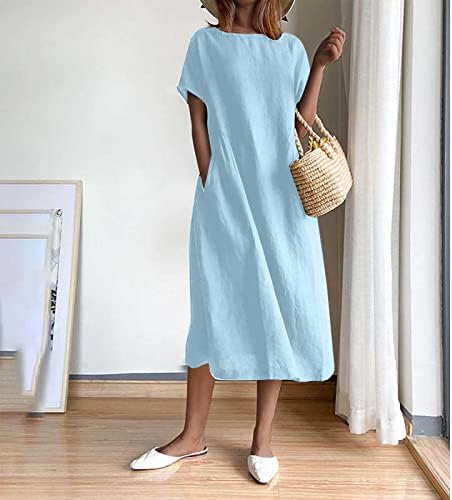 Ženska ljetna moda jednobojna okrugla vrata kratki rukavi pamučna lanena haljina sa džepnim Plus Size
