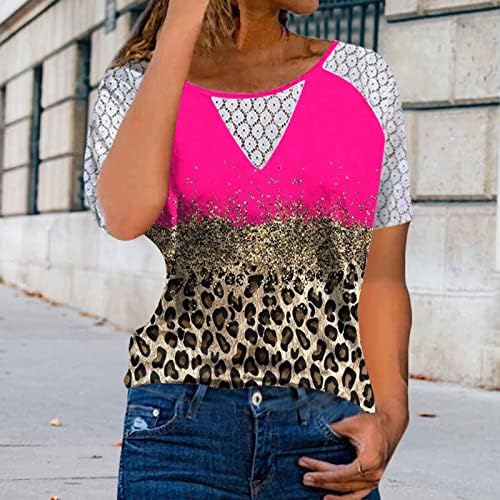 Slatki vrhovi za žene Ležerne prilike Leopard Print TEE majice čipke Crochet kratki rukav Labavi čarobnjaci Tors okrugli izrez Tuničke bluze