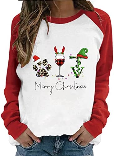 Božićne majice za žene, žene vesele božićne vino staklo Santa šešir grafički dugi rukav bolovni dukseri
